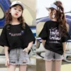 2023 Sanrioed Anime Kuromi Kids T Shirt Kawaii Cartoon Girl Clothes Summer Round Neck Short Sleeve - Kuromi Store